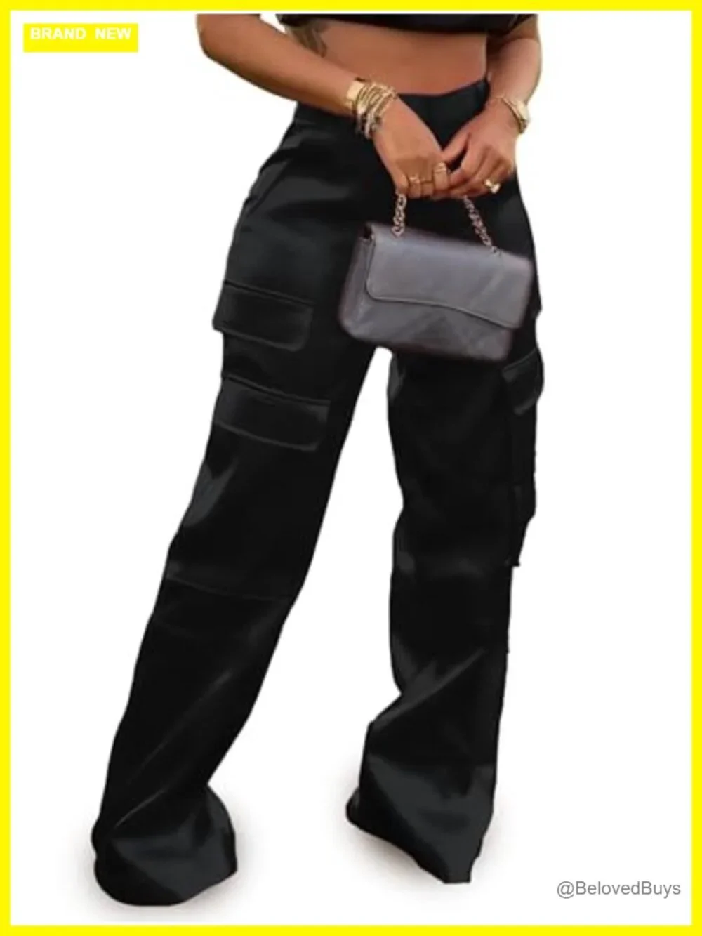 Womens Satin Cargo Pants High Waisted Wide Leg Straight Club Trousers